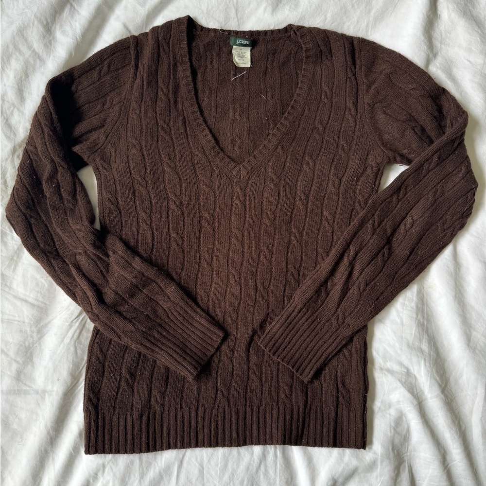 Brown cable knit v-neck sweater merino wool, angora and cashmere.